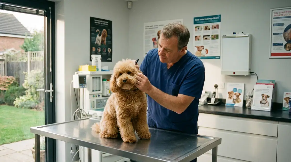 Абрикосовый карликовый пудель на приеме у ветеринара