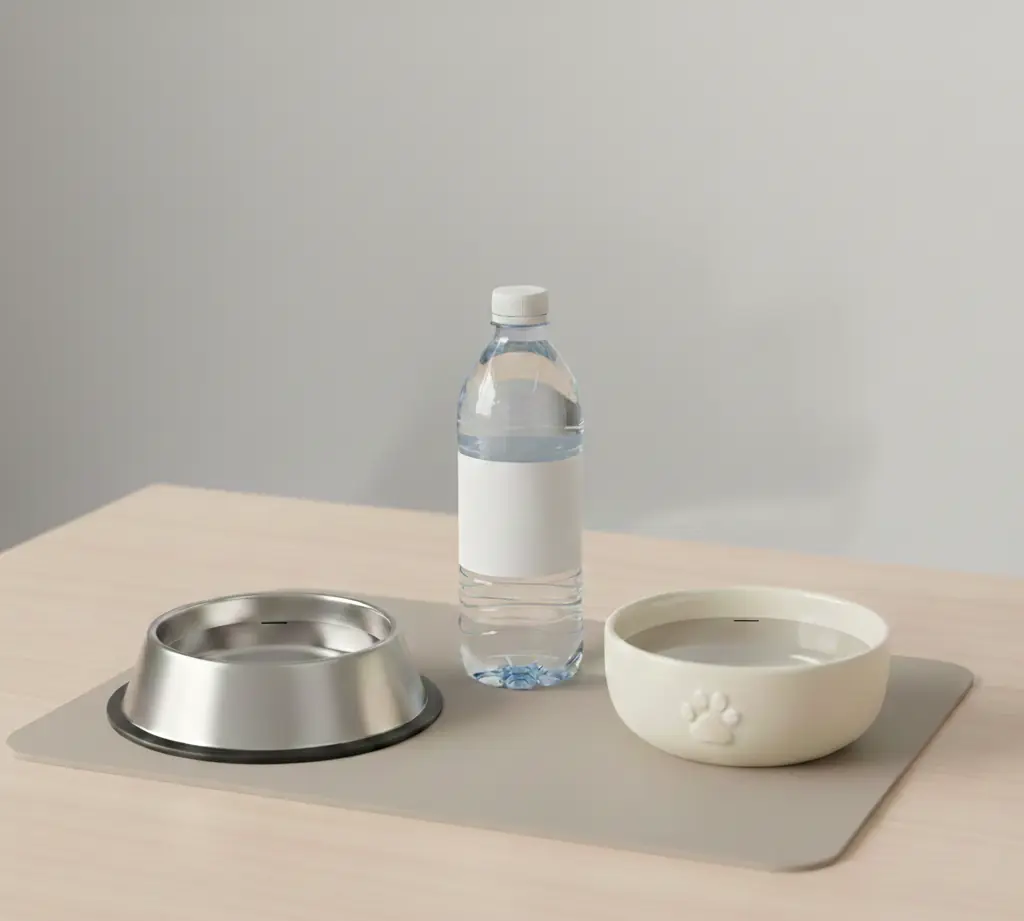 Рекомендуемая посуда для пуделя — сталь, керамика и бутилированная вода Набор для питья пуделя: нержавеющая миска слева, утяжелённая керамическая справа на нескользящей подложке; закрытая бутылка воды.