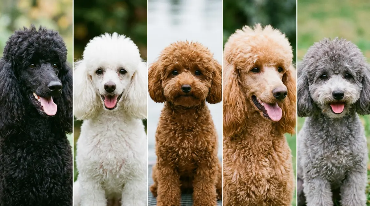 Варианты окрасов пуделя: глубокий чёрный, белоснежный, шоколадный, нежно-абрикосовый и серебристый