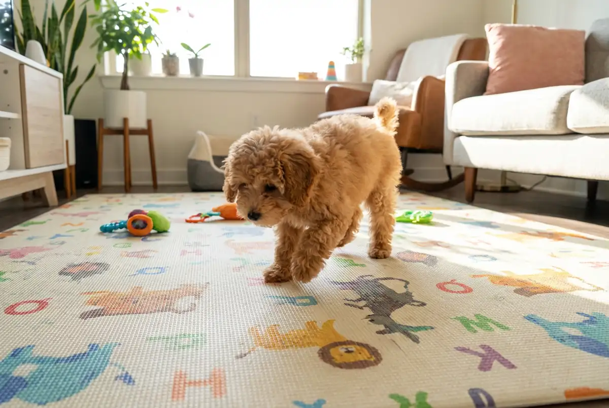 Щенок карликового пуделя на нескользящем детском коврике в квартире - безопасное покрытие для защиты суставов