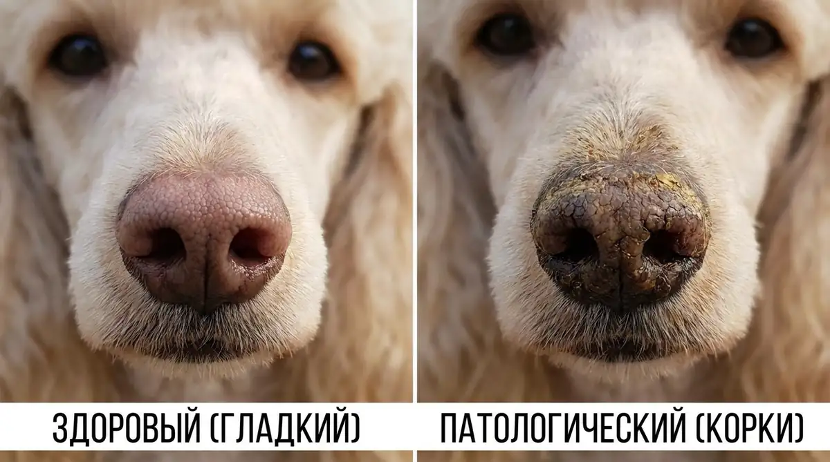 Сравнение здорового носа с сезонной депигментацией и носа с дерматитом у собаки]