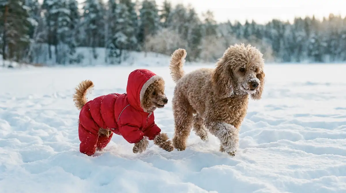 Той-пудель в комбинезоне рядом с малым пуделем без одежды на морозе - зимняя прогулка