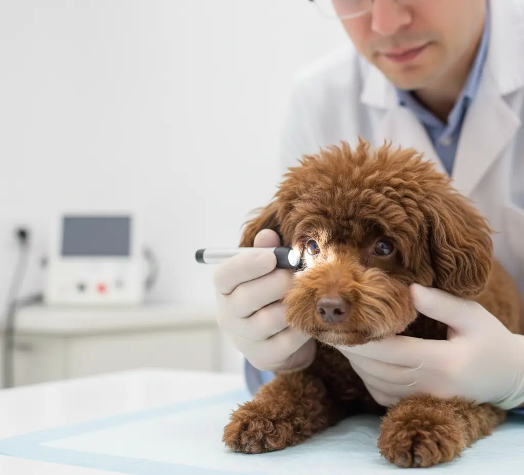 Осмотр глаз у карликового пуделя на приёме ветеринарного офтальмолога Карликовый пудель на приёме у ветеринарного офтальмолога: врач осматривает глаз фонариком, собака спокойна.
