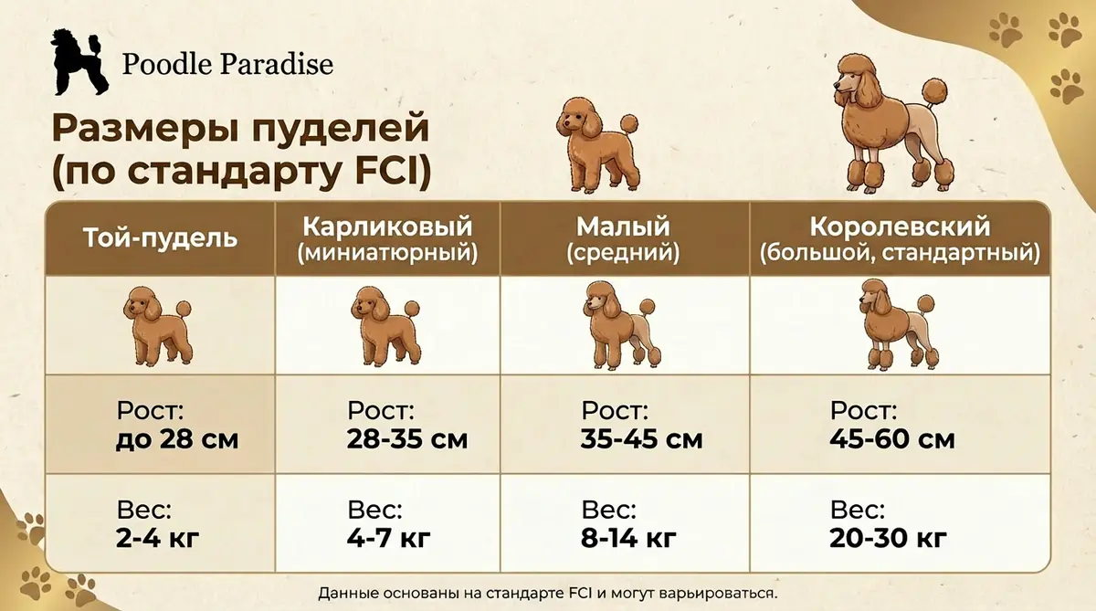 Сравнительная таблица-инфографика: рост и вес четырех размеров пуделя - той, карликового, малого и королевского согласно стандарту FCI