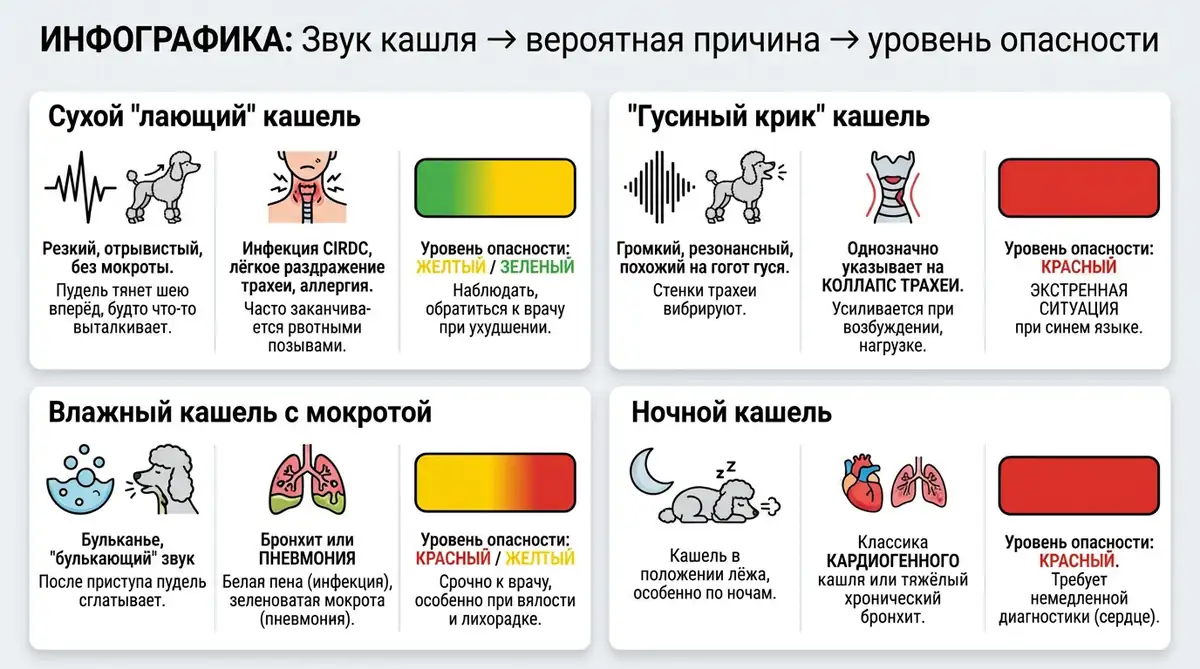 ИНФОГРАФИКА: Звук кашля → вероятная причина → уровень опасности (зелёный/жёлтый/красный)