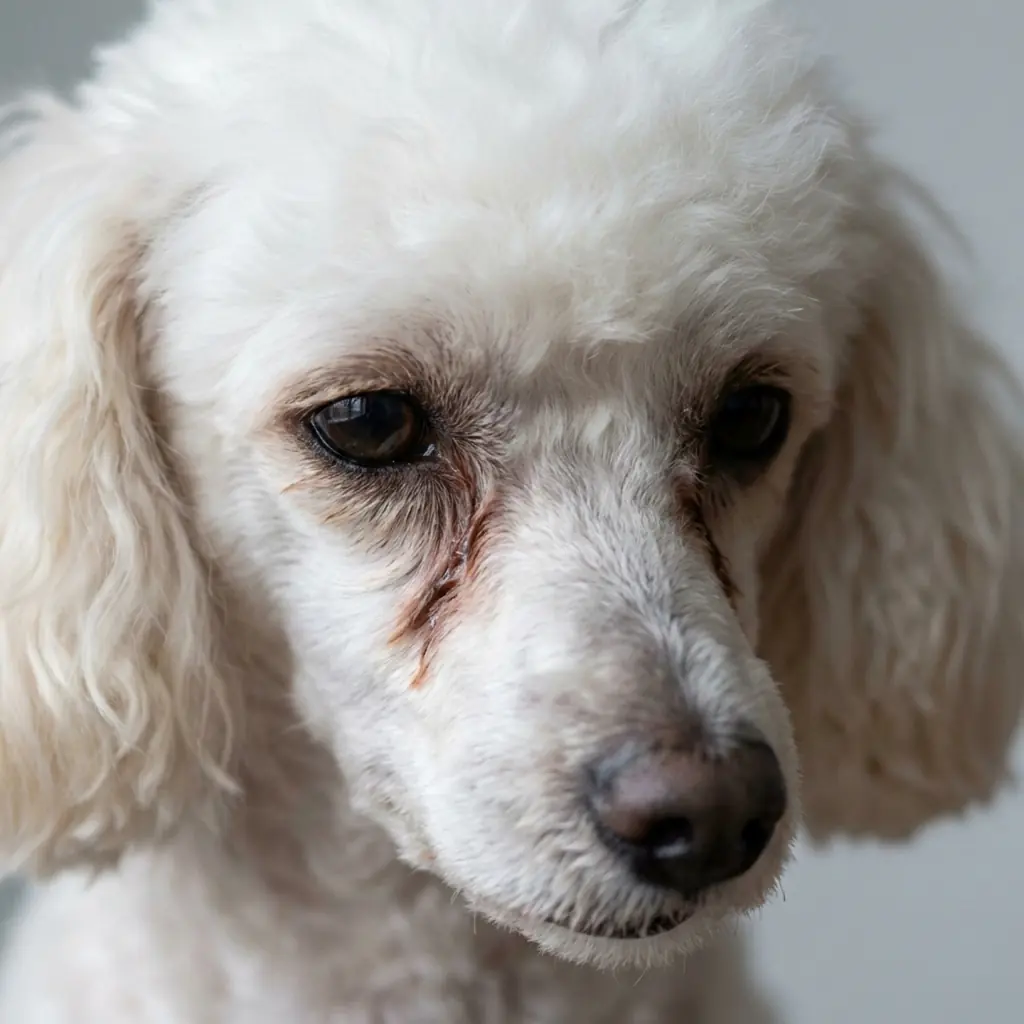 Рассмотреть структуру окисленного пигмента в области слезных борозд Крупный план морды белого той-пуделя с выраженными коричневыми слезными дорожками под глазами, иллюстрирующий проявление эпифоры на светлой шерсти