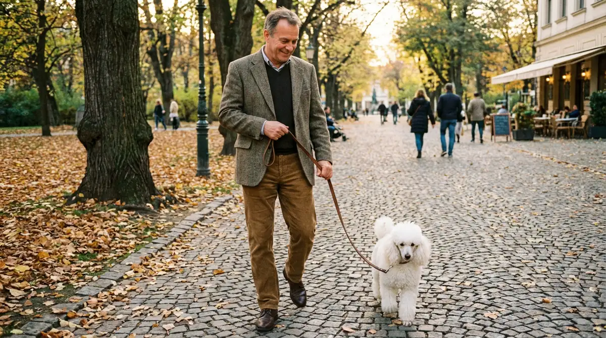 Хозяин выгуливает на поводке белого карликового пуделя