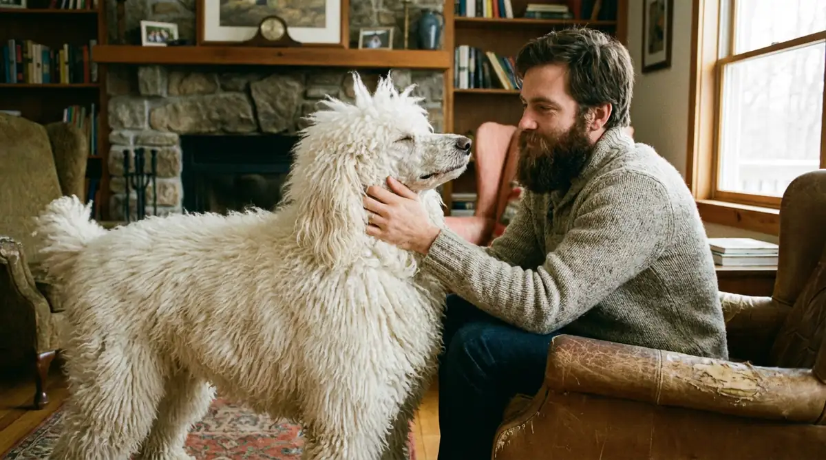 Хозяин гладит белого стандартного пуделя с густой и объемной шерстью