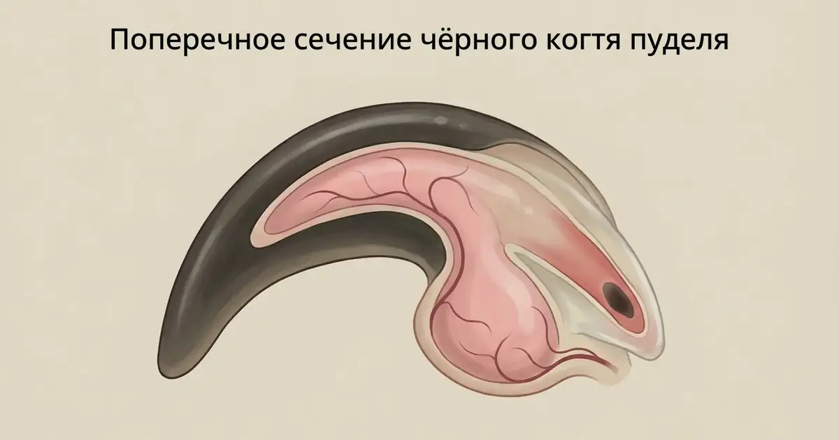 Поперечное сечение чёрного когтя пуделя: этапы среза от безопасной зоны до тёмной точки у пульпы