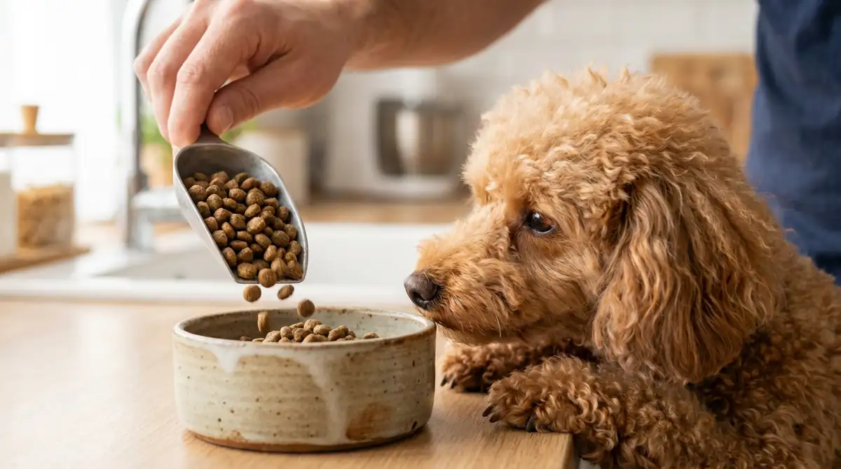 Хозяин дает сухой корм в керамической миске абрикосовому карликовому пуделю