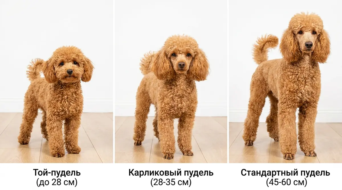 Сравнение размеров пуделей: миниатюрный той-пудель, средний карликовый и величественный королевский пудель