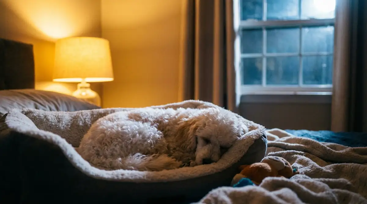 Белый абрикосовый щенок пуделя отдыхает в лежанке ночью