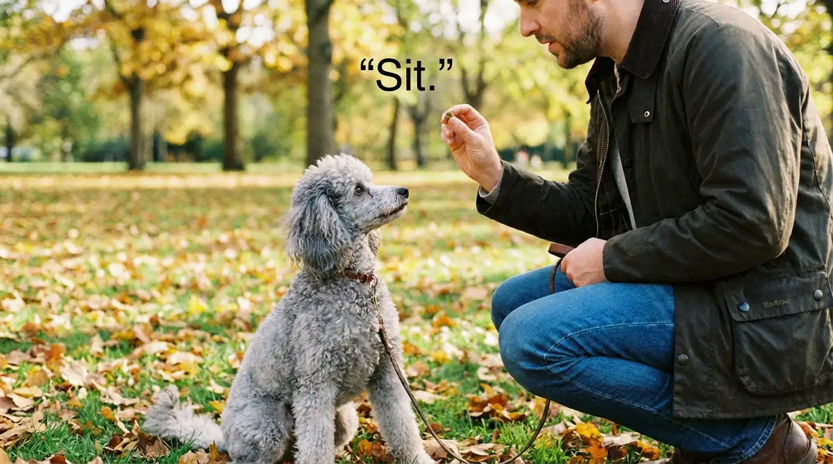 Хозяин дает команду серебряному карликовому пуделю сидеть и держит лакомство в руке