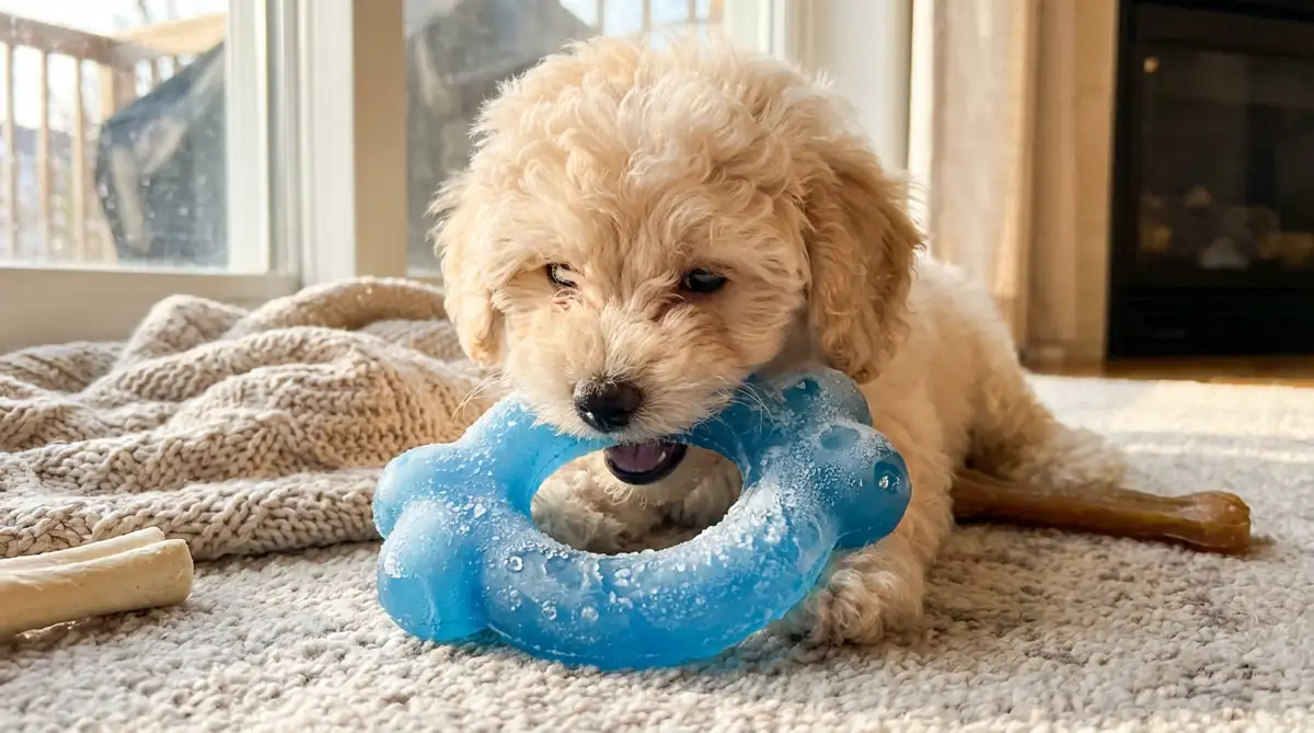 Щенок карликового пуделя грызёт охлаждаемую резиновую игрушку-прорезыватель для облегчения дискомфорта при смене зубов