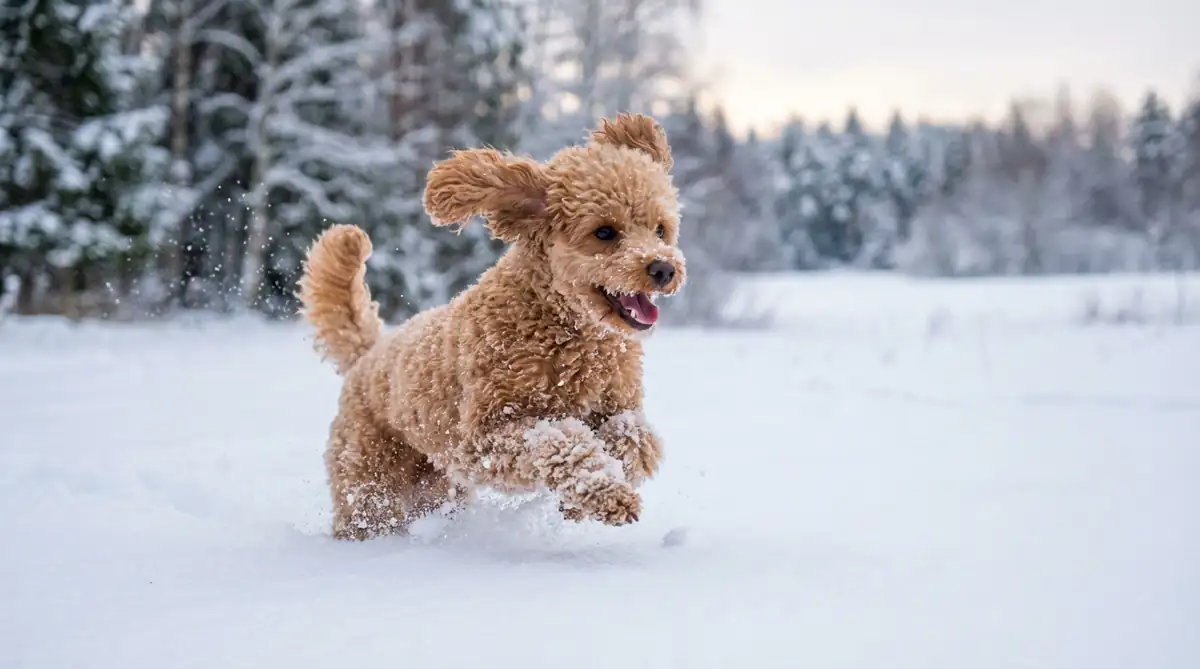 Малый пудель активно бегает по глубокому снегу зимой без одежды