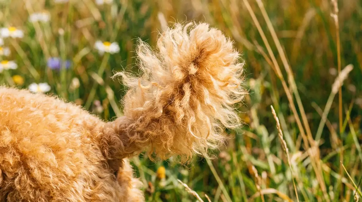 Крупный план на "помпончик" на конце хвоста у абрикосового малого пуделя