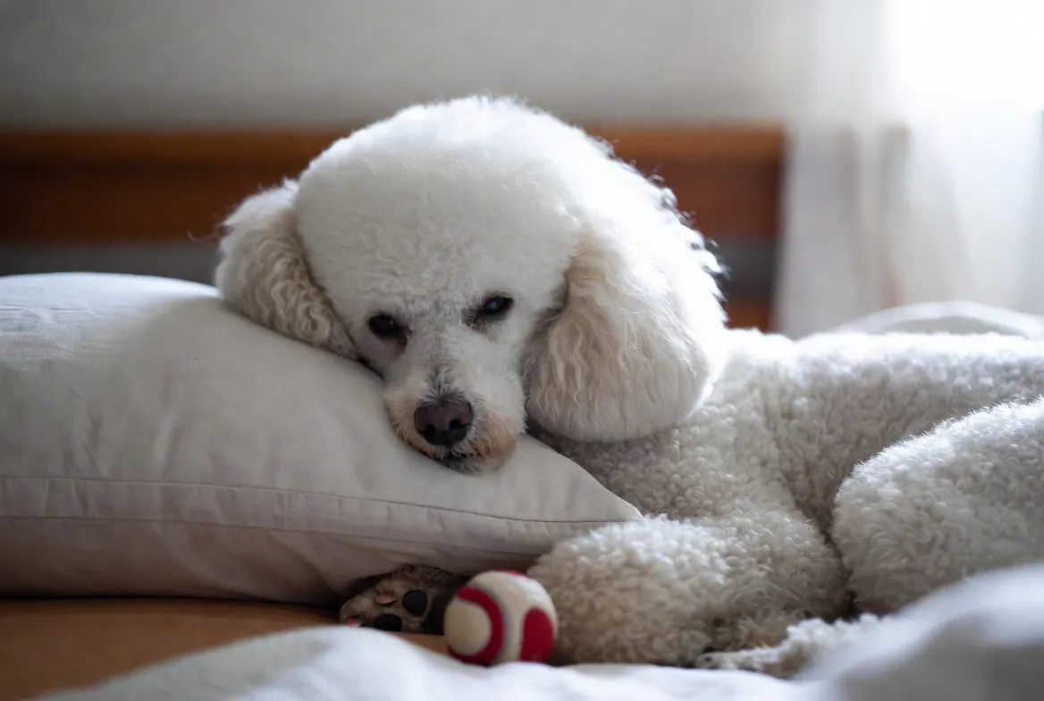 Белый большой пудель лежит на кровати вместе с игрушкой.