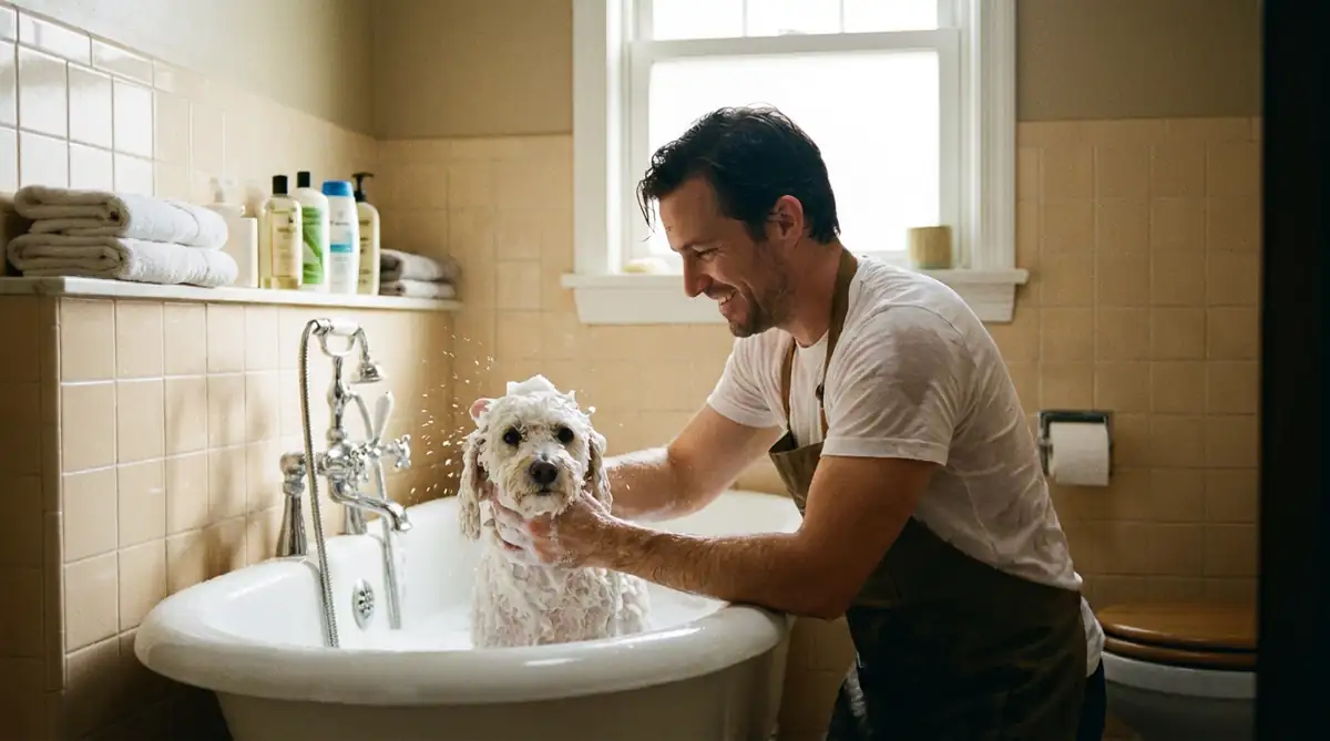 Хозяин моет белого карликового пуделя в ванной