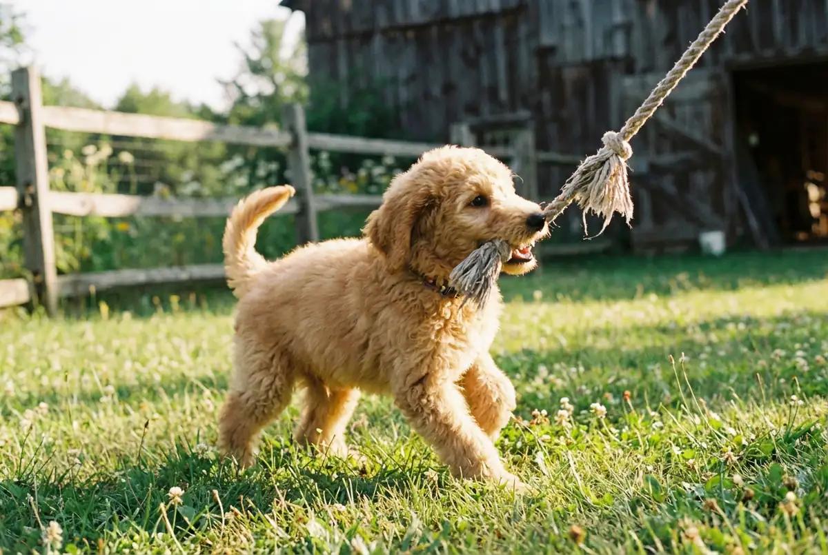 Щенок пуделя играет с веревочным канатиком