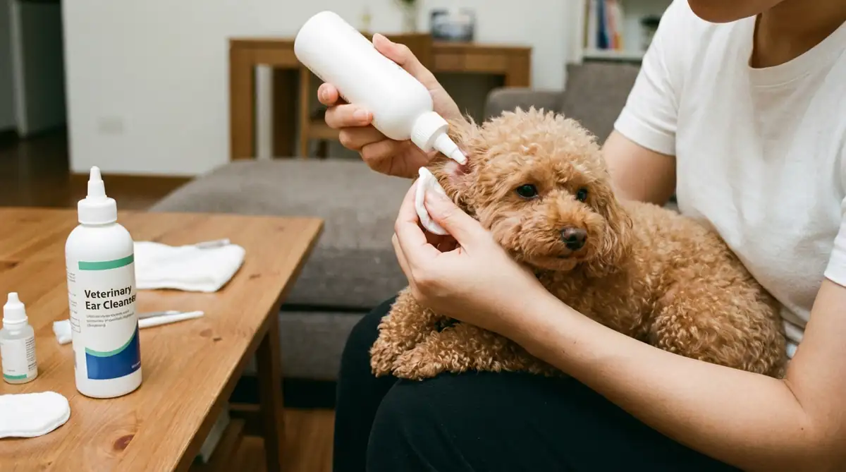 Введение ветеринарного лосьона в ушной канал карликового пуделя при домашней чистке