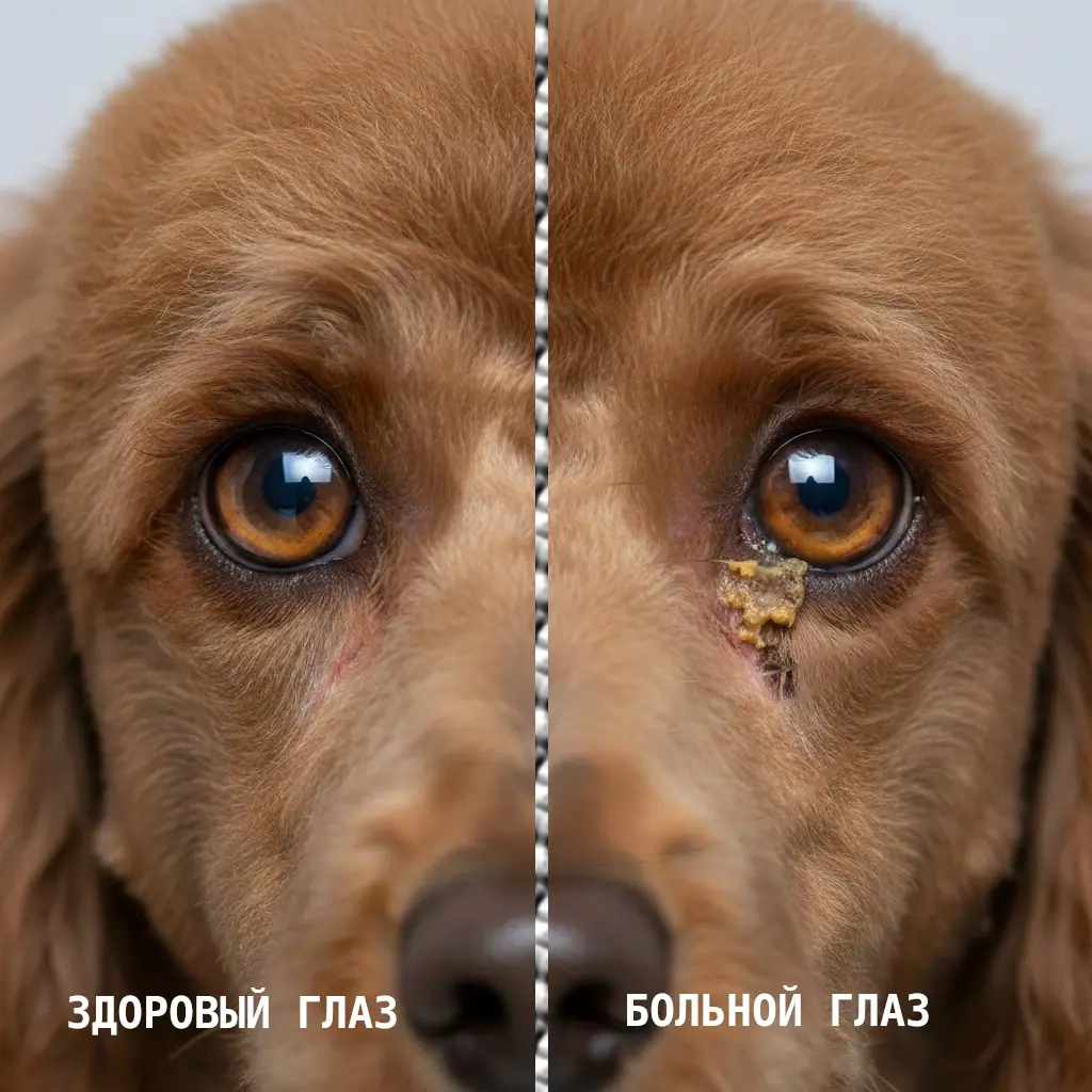 Крупный план глаза пуделя — слева здоровый, справа с конъюнктивальной гиперемией, слизисто-гнойными выделениями и лёгким отёком века