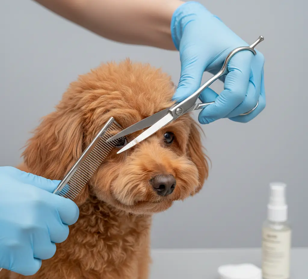 Стрижка шерсти вокруг глаз у пуделя — правильная техника груминга Крупный план груминга пуделя: мастер аккуратно подстригает шерсть вокруг глаза безопасными ножницами, собака спокойна.