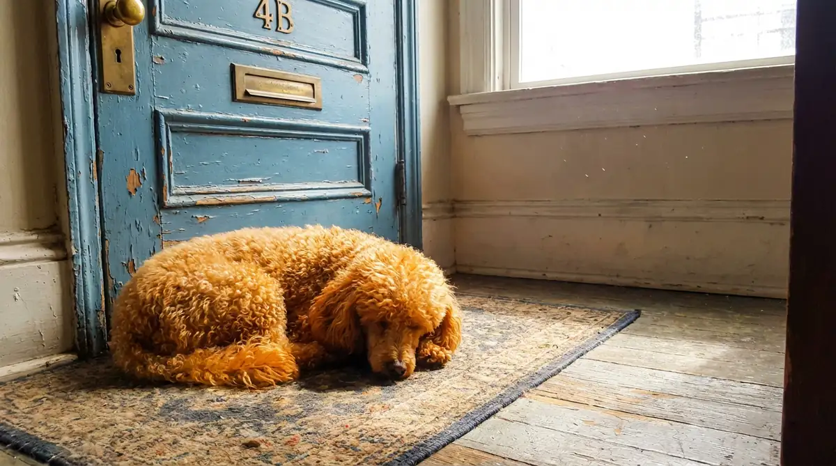 Абрикосовый малый пудель лежит рядом с дверью квартиры