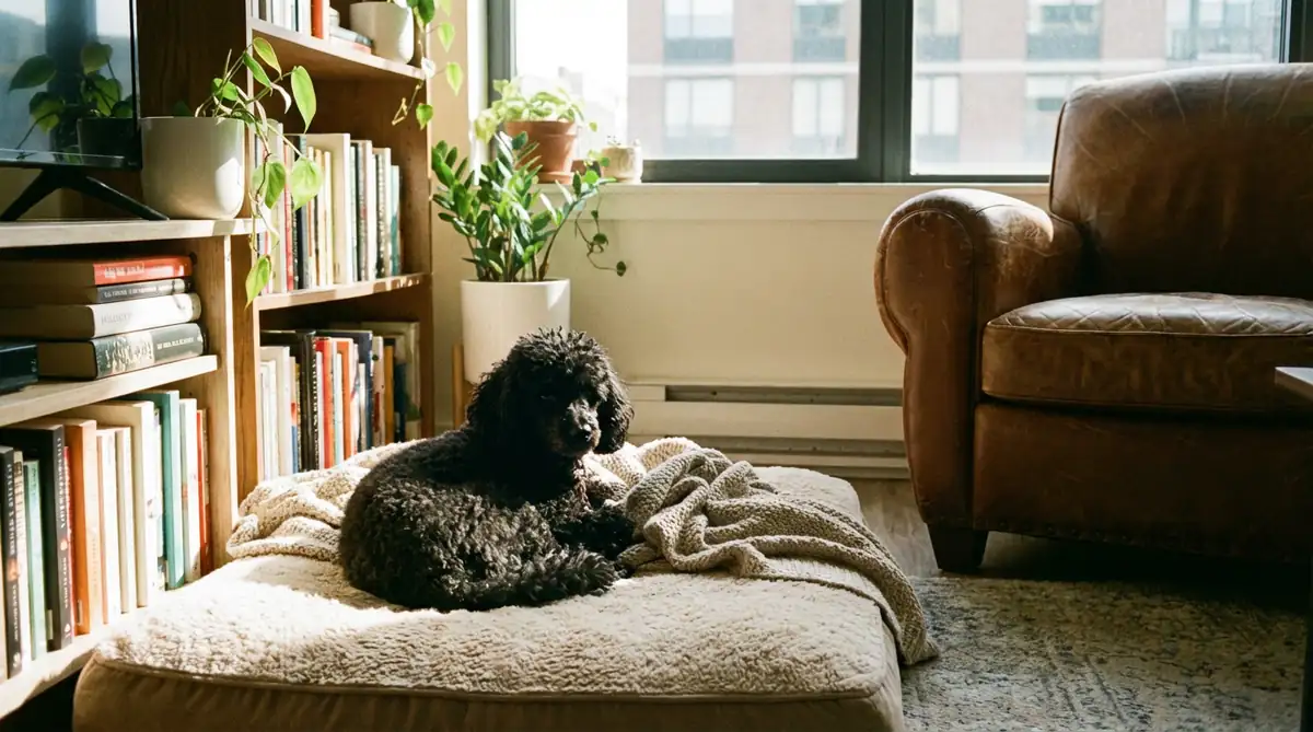 Черный миниатюрный пудель отдыхает на лежанке в квартире