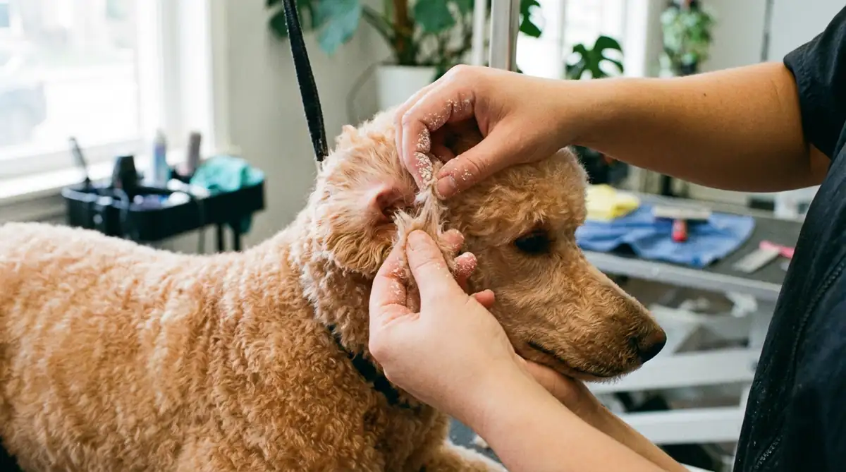 Выщипывание шерсти из ушного канала пуделя пальцами с использованием пудры для груминга