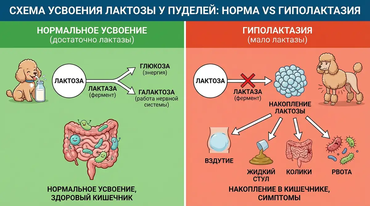 Схема усвоения лактозы у пуделей: норма vs гиполактазия