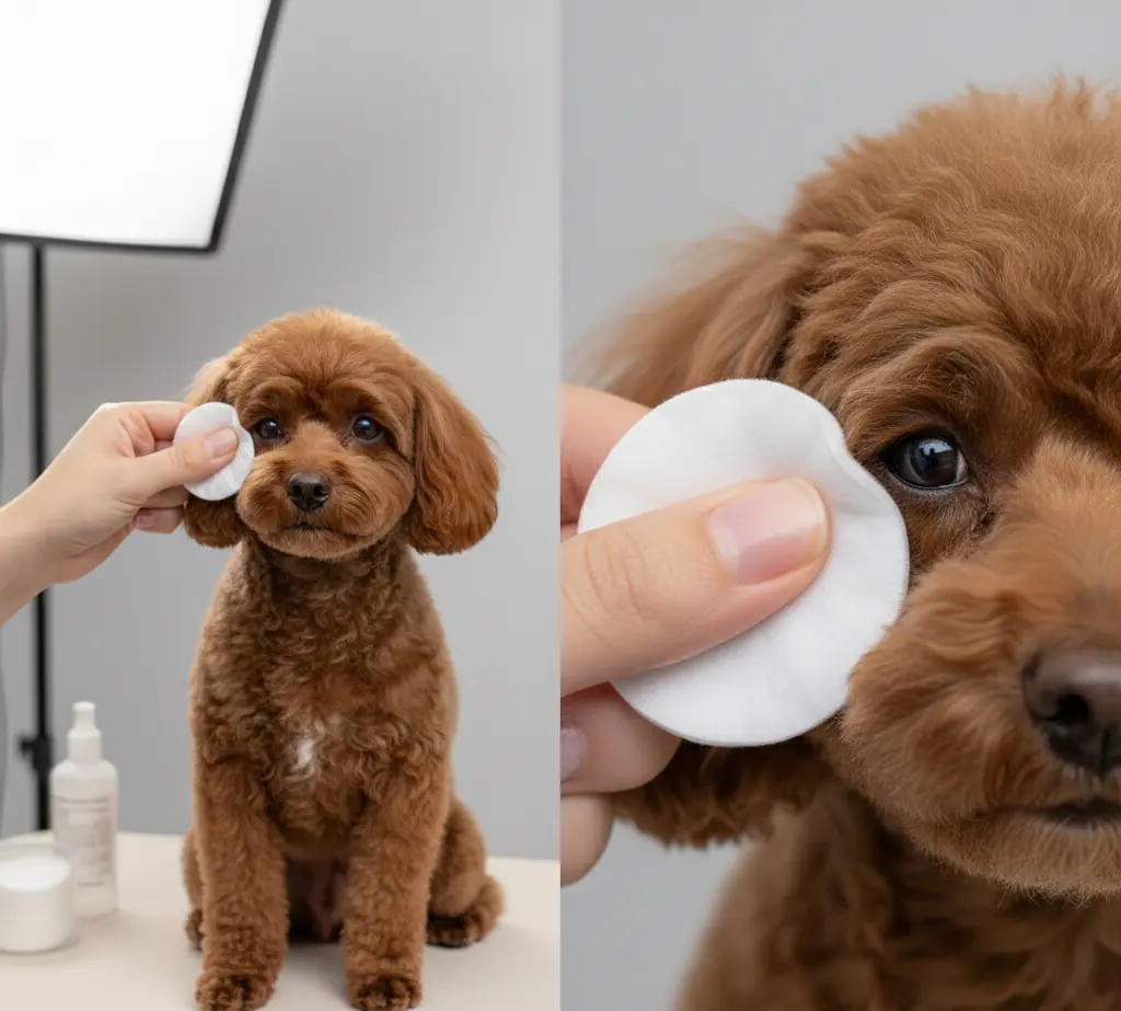 Как аккуратно протирать глаза пуделю: демонстрация техники с ватным диском Владелец протирает глаз пуделя ватным диском — крупный план рук и глаза, спокойная собака, без признаков крови.