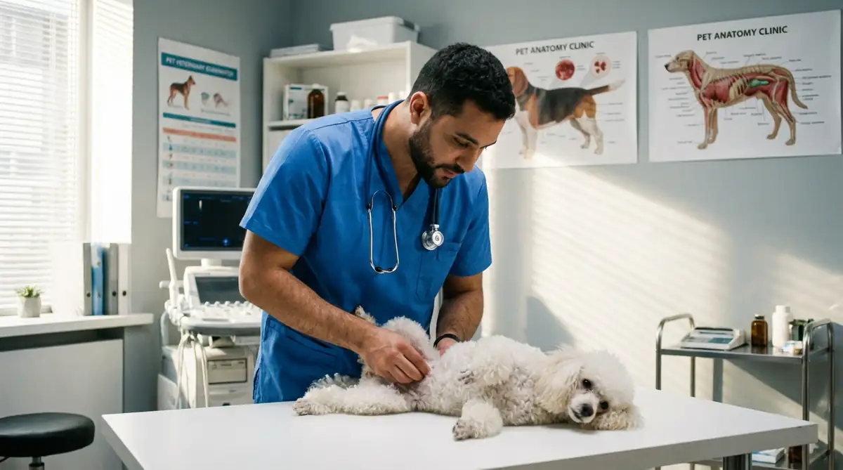 Ветеринар осматривает живот белого карликового пуделя