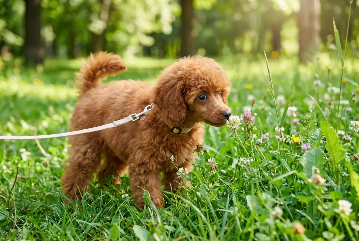 Щенок той-пуделя в тонком нейлоновом ошейнике на первой прогулке в зелёном парке