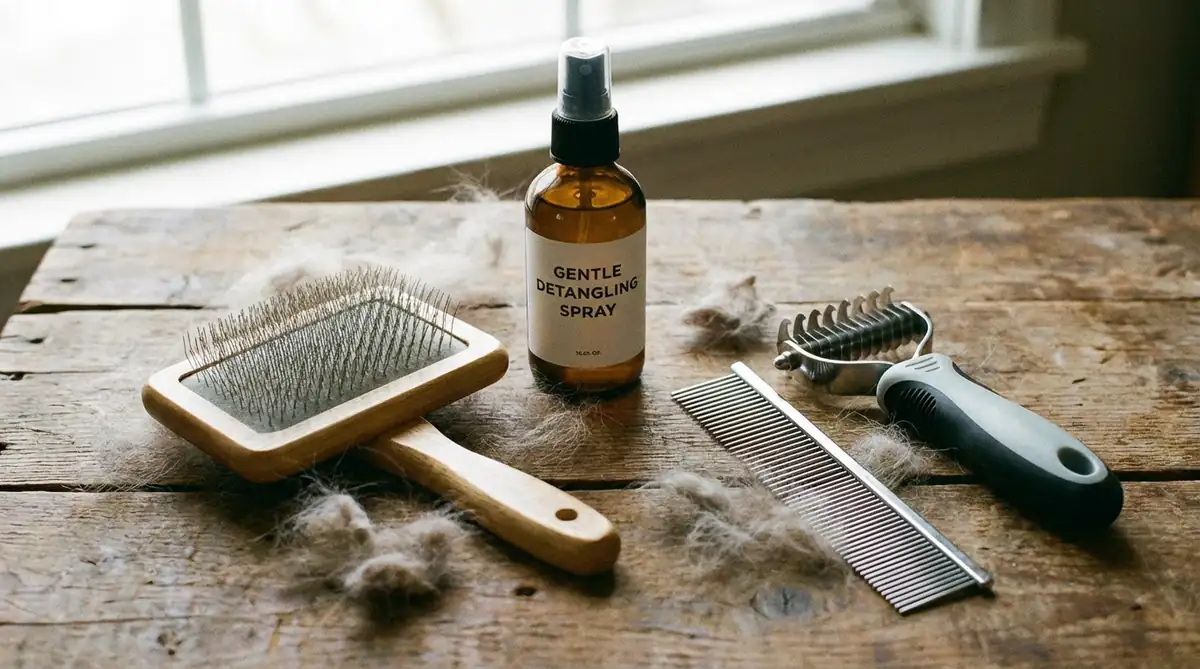 Набор инструментов для работы с колтунами: слайкер, спрей, гребень, колтунорез