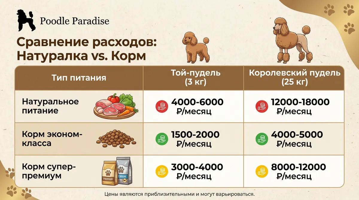 Таблица сравнения ежемесячных расходов на питание пуделя: натуральный корм, эконом и супер-премиум класс для той и королевского пуделей