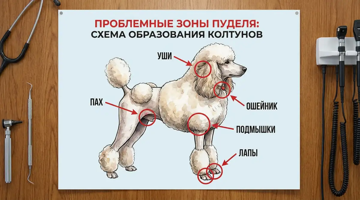 Схема проблемных зон пуделя - уши, пах, подмышки, ошейник, лапы