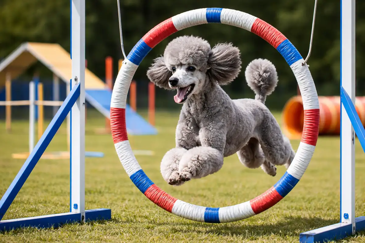 Горизонтальное изображение   Пудель с короткой рабочей стрижкой без украшений выполняет элементы аджилити на трассе без ошейника, с открытыми глазами и свободной шерстью