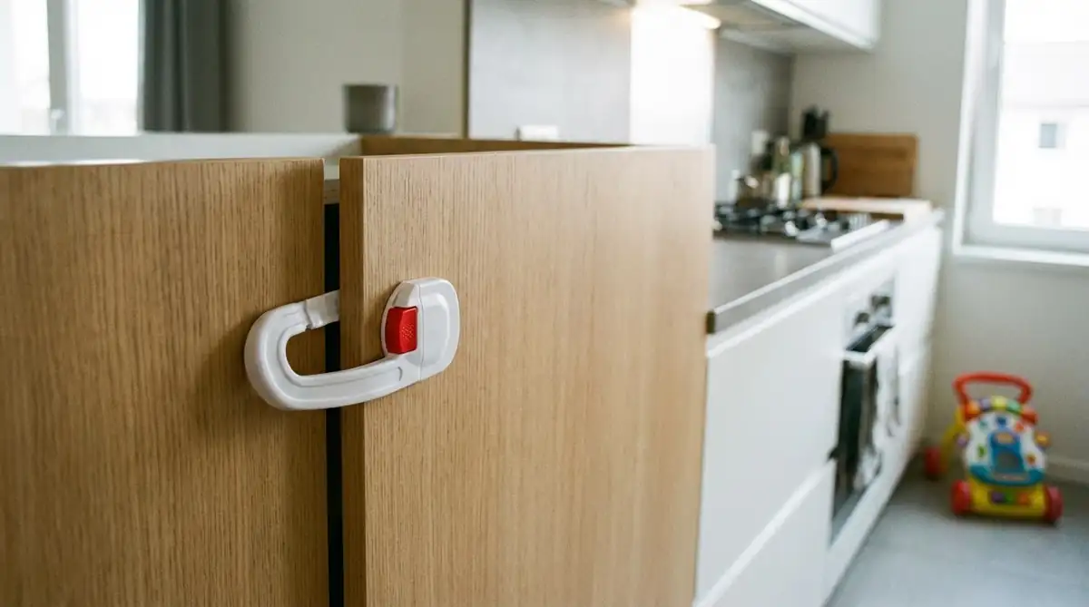 Пластиковый детский замок-фиксатор на дверце кухонного шкафа