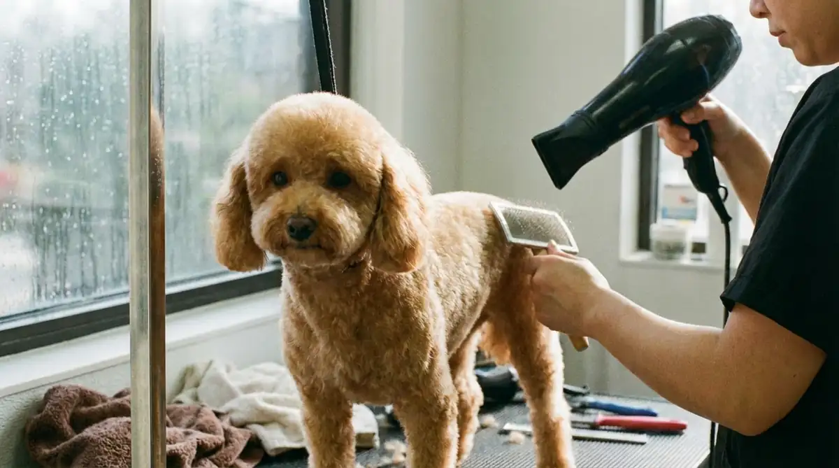 Той-пудель абрикосового окраса во время сушки феном после мытья, шерсть расчёсывается расчёской для создания объёма