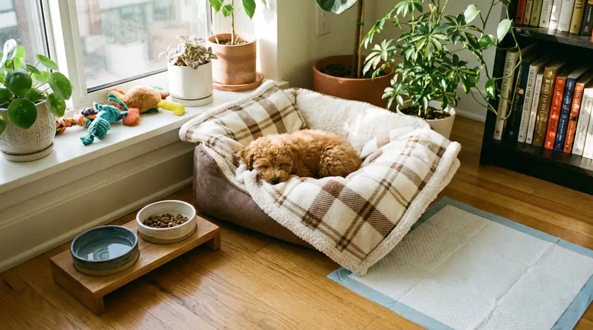 Обустроенное место для щенка пуделя в квартире - лежанка с флисовым пледом, керамические миски и пелёнка на полу