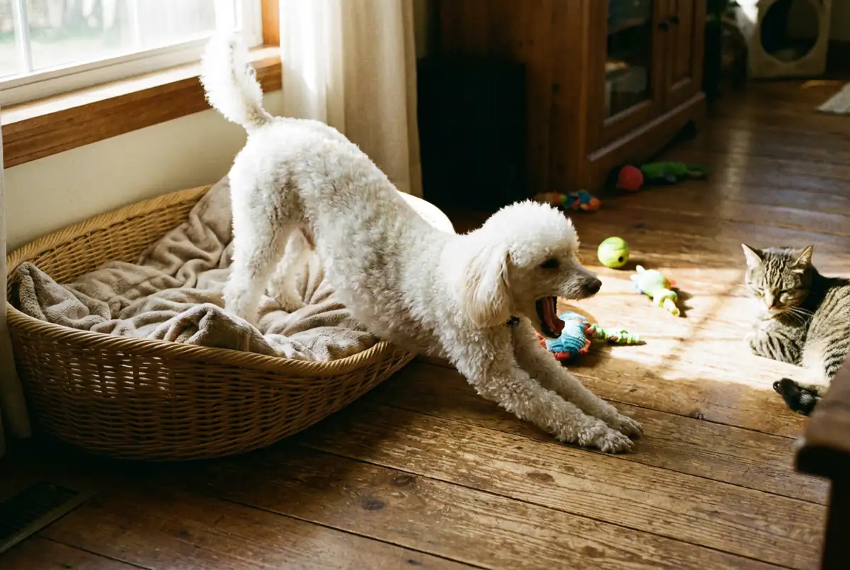 Белый малый пудель потягивается у лежанки после сна