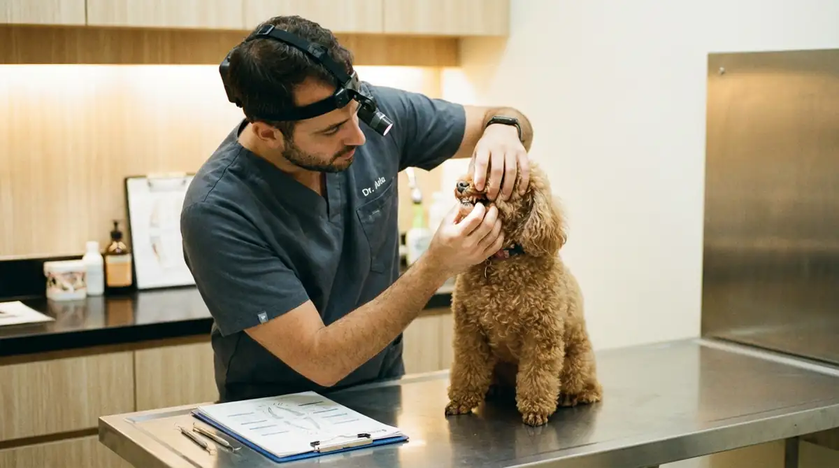 Ветеринар осматривает зубы той-пуделя - проверка на зубной камень и воспаление дёсен при профилактическом осмотре