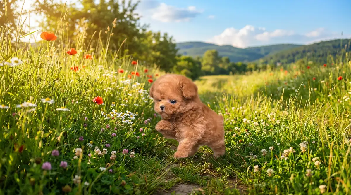 Тикап-пудель абрикосового окраса с характерной курчавой шерстью