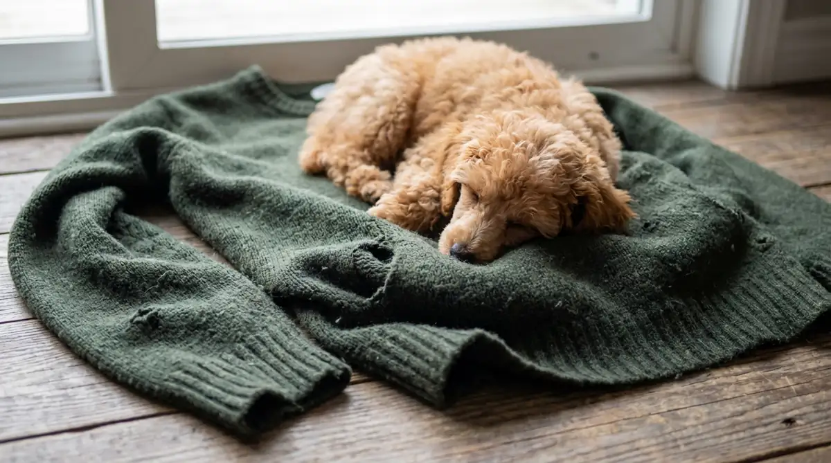 Абрикосовый щенок карликового пуделя спит на старом тёмно-зеленом свитере