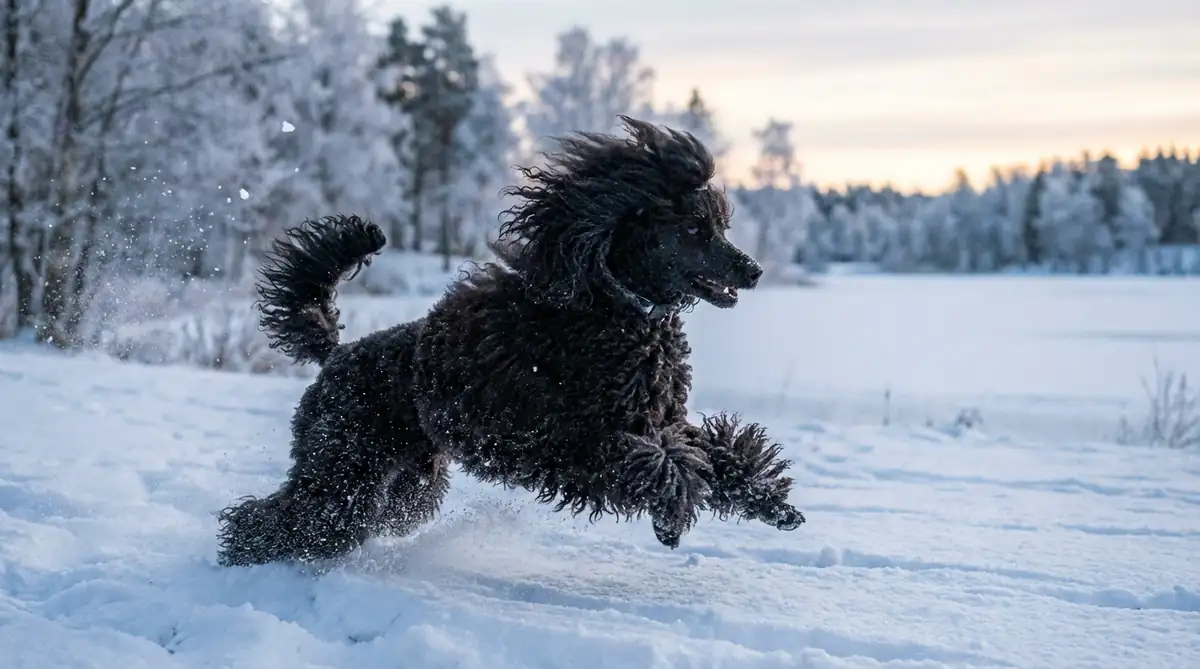 Чёрный малый пудель на ветру зимой - wind chill эффект увеличивает потерю тепла