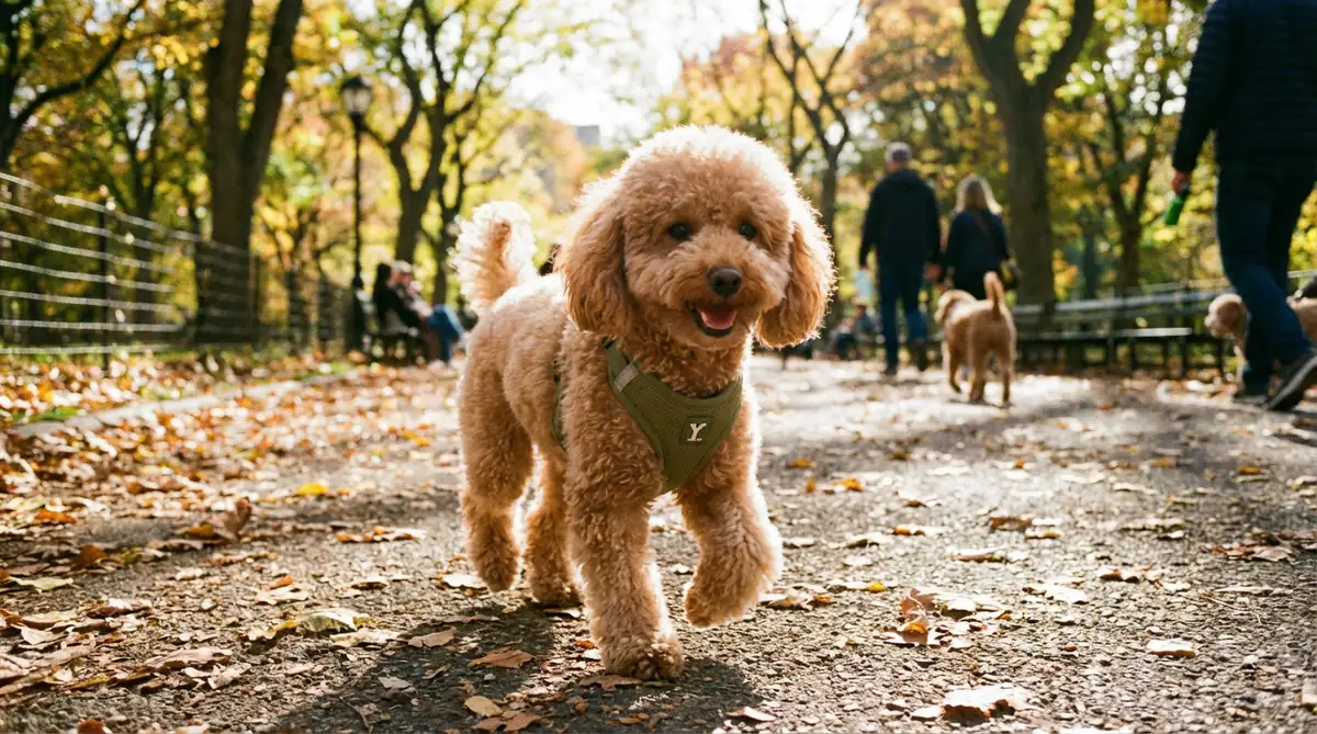 Той-пудель абрикосового окраса в мягкой Y-образной шлейке во время прогулки в парке