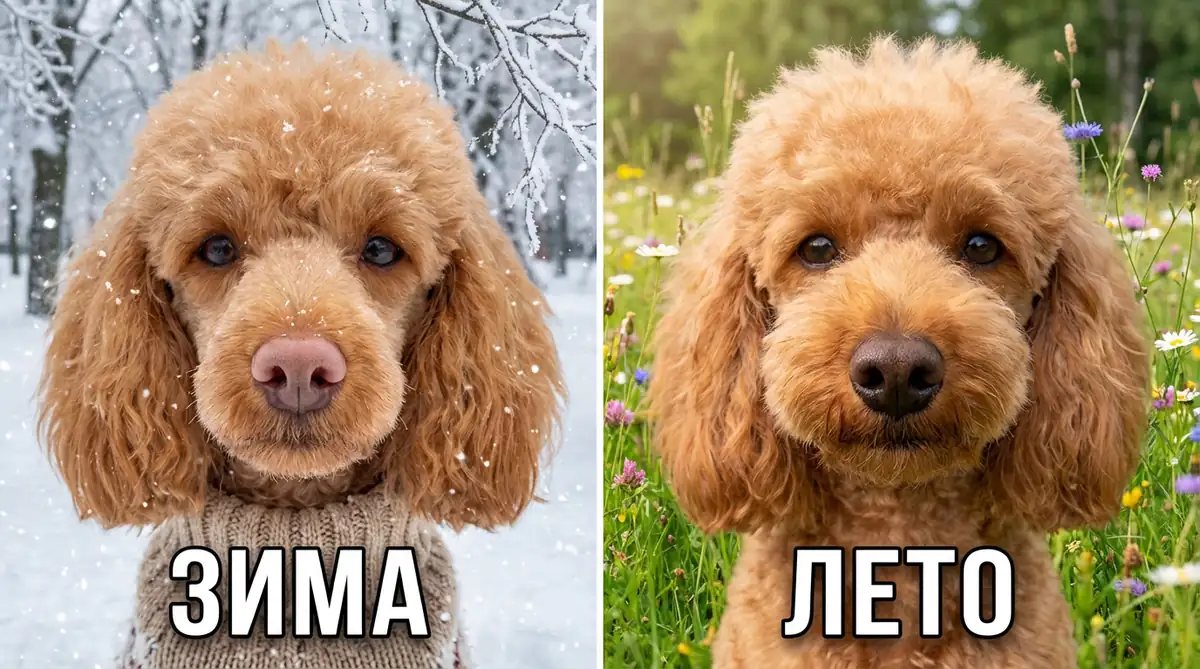 Сравнение носа абрикосового той-пуделя зимой и летом - зимний нос светлее на 2-3 тона