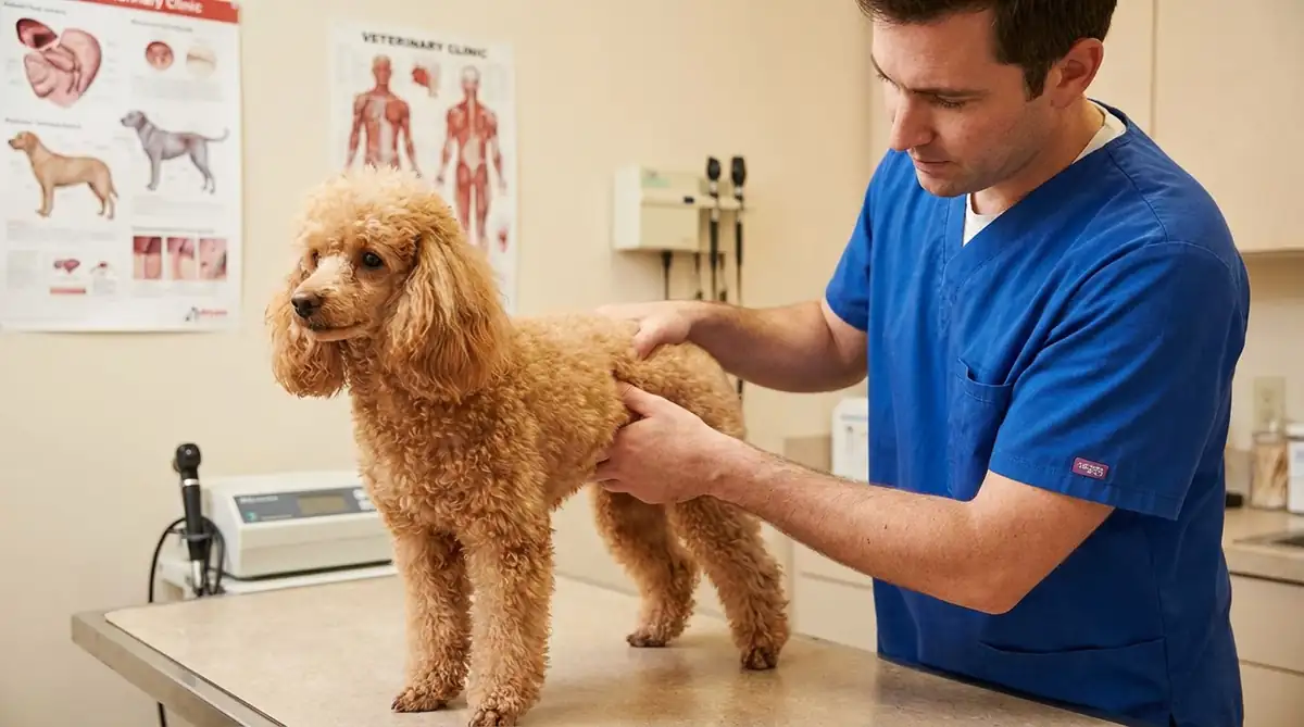 Абрикосовый малый пудель на ветеринарном осмотре, осмотр молочной зоны - профилактика опухолей