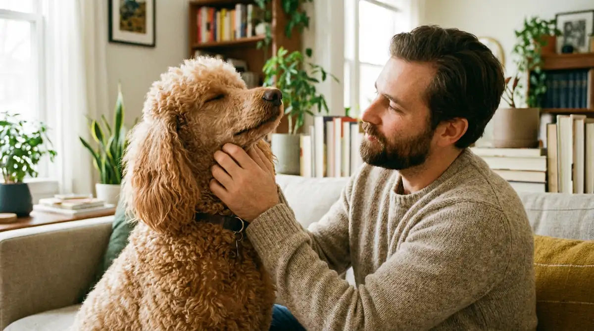 Хозяин гладит абрикосового стандартного пуделя