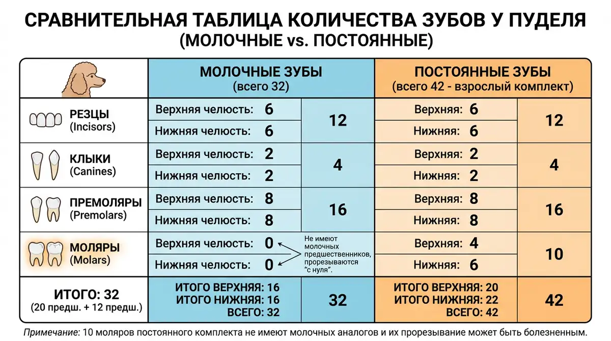 Сравнительная таблица количества молочных и постоянных зубов у пуделя по типам - резцы, клыки, премоляры, моляры